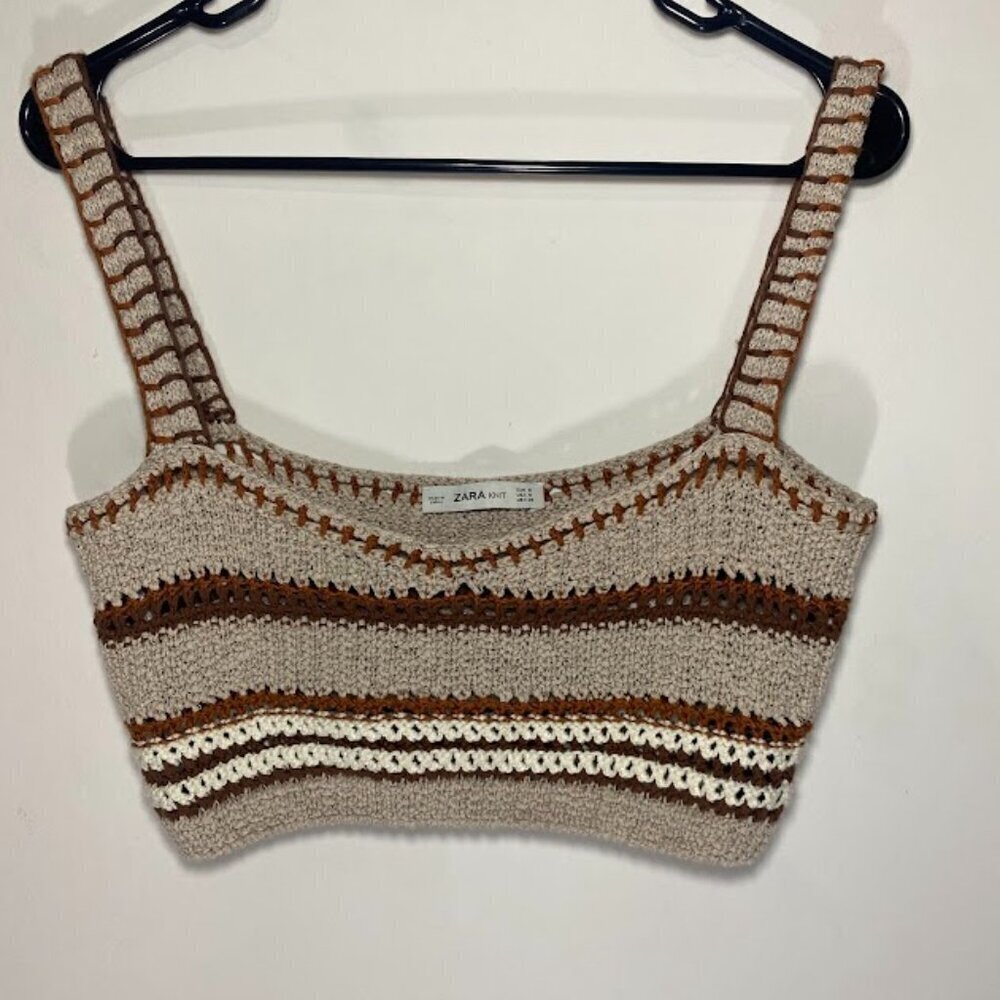 Zara Knit Brown Striped Crochet Cropped Tank